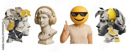 Collection of surreal PNG elements including classical bust with headphones, emoji face with sunglasses, male and female torn portraits with lemons and abstract textures on transparent background.