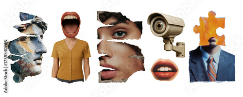 Collection of surreal PNG elements including torn classical statue face, woman with giant mouth, fragmented female portrait, CCTV camera with eye and man with puzzle head on transparent background
