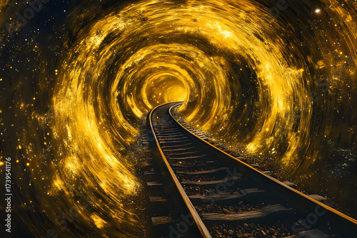 Train tracks daringly spiral upwards - leading into an endless starry abyss yellow background