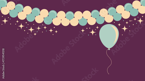 A festive scene featuring a balloon, string of balloons, stars and dots on a purple background space