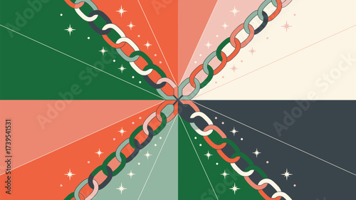 Colorful chains converging at center with radiating color segments and star accents design art