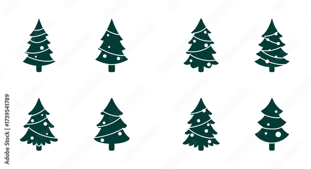 Obraz premium Collection of eight decorated christmas trees featuring greenery and festive lights for seasonal holiday celebrations vector flat design vector illustration white background
