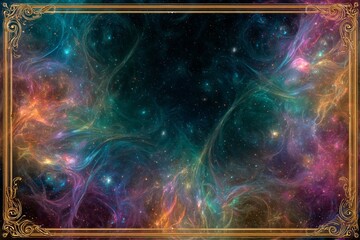 Ornate golden frame with colorful nebula-like swirls on dark starry background.
