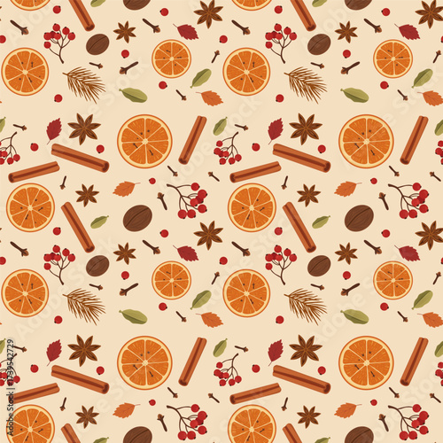Cozy Mulled Wine Spice Seamless Pattern: Hand-Drawn Cinnamon, Orange Slices, Anise, Cloves, & Berries. Warm Autumn Drink Ingredients for Textiles, Packaging, Decor.