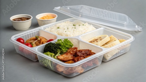 Delicious meal in a compartment tray featuring rice vegetables and sauces