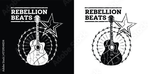 Rebellions bears guitar star design silhouette, t shirt band design in black and white, logo, new set