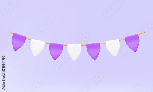 Purple and White flag garland welcome congratulation event fair isolated on pastel background. Bunting theme party festival surprise rope decor design feast celebration. 3D vector icon illustration