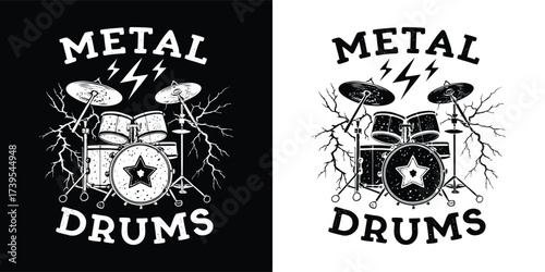 Metal drums with lightning and text, black and white graphic illustration