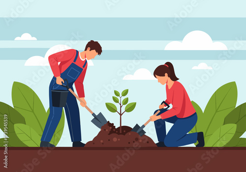Dedicated Man and Woman Collaborating to Plant a Tree Seedling, Promoting Green Initiatives and Ecosystem Restoration for a Healthier Planet and Sustainable Future