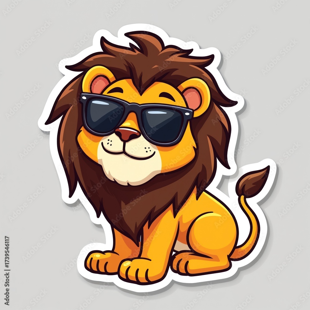 Fototapeta premium Cool cartoon lion wearing sunglasses sits confidently. This playful jungle cat illustration is perfect for kids designs stickers or as a fun graphic element for apparel.
