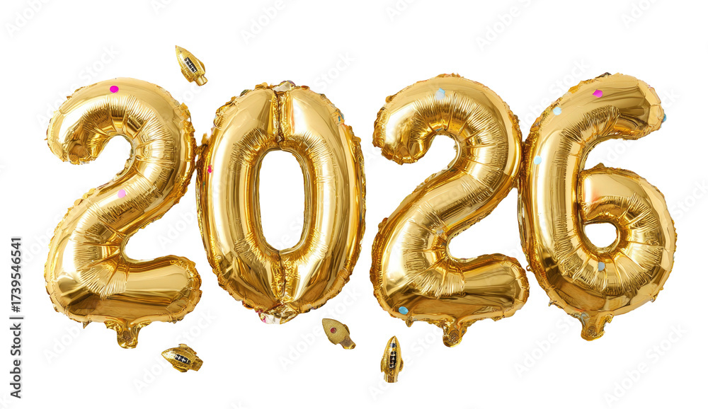 Fototapeta premium Shiny gold foil balloons spelling out the year 2026, floating with confetti