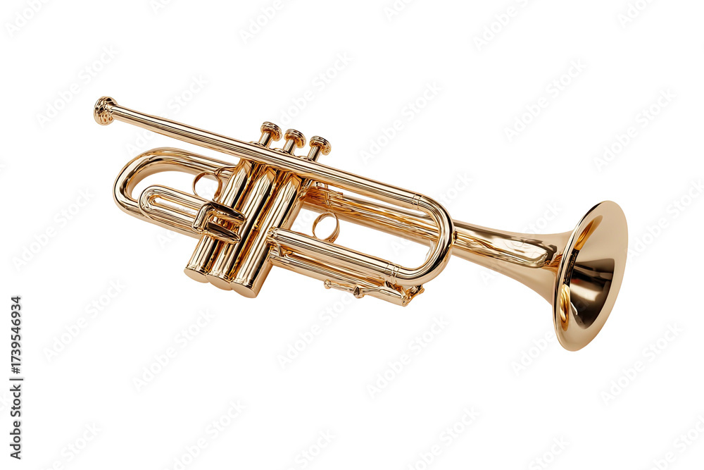 Obraz premium A shiny, golden trumpet rendered against a stark black background, showcasing its intricate design