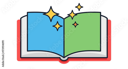 Cartoon book with sparkling elements emanating represents the magic of reading and imagination
