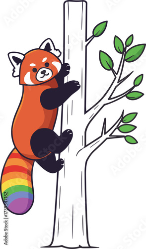 Red panda cartoon illustration, rainbow tail panda mascot, tree climbing animal character, whimsical wildlife artwork, vector cartoon, playful fantasy design