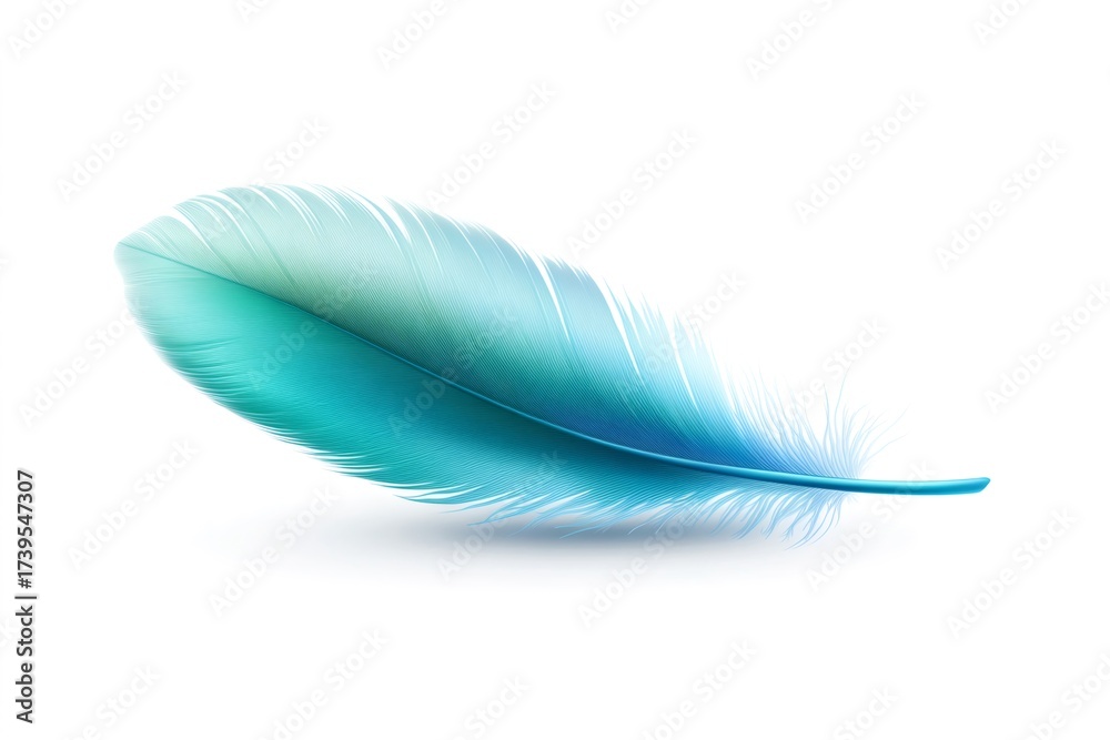 Obraz premium Blue iridescent feather resting on a white surface, creating a delicate shadow. Concept of lightness, dreams, and purity
