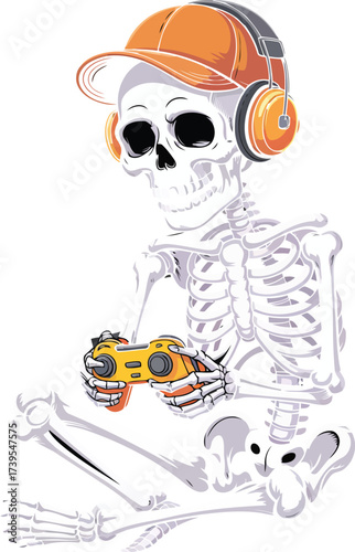 Spooky skeleton gamer with headphones and controller, ready for esports tournaments and virtual reality adventures, perfect for Halloween designs and gaming content