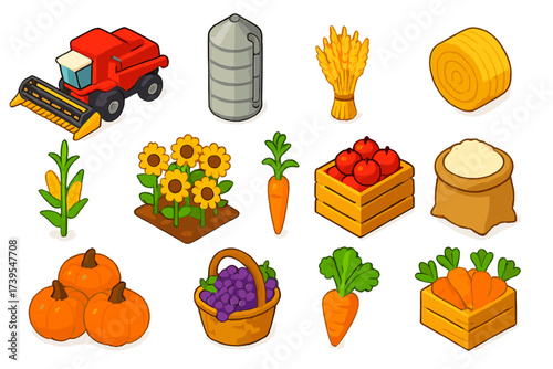 Colorful Harvest Icons. Isometric vector illustration set Harvest Time: combine harvester, grain silo, wheat bundle, hay bale,
