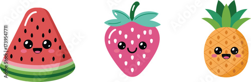 Adorable watermelon, strawberry, and pineapple characters bring a touch of summer sweetness and joy, perfect for kids' designs and vibrant seasonal projects