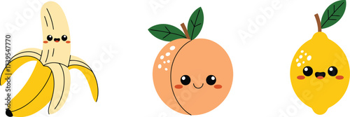 Adorable cartoon fruit characters including a banana, peach, and lemon bring a playful and cheerful vibe to any creative project