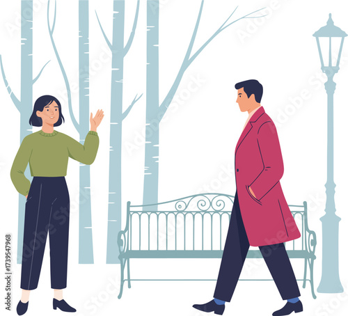 Charming park scene depicts stylish woman waving hello to a man strolling by, creating a feeling of serendipitous connection and urban life
