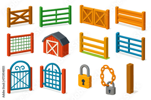 Colorful Farm Gates. Isometric vector illustration set Farm Gates: wooden gate, metal gate, double swing gate, sliding gate, mesh