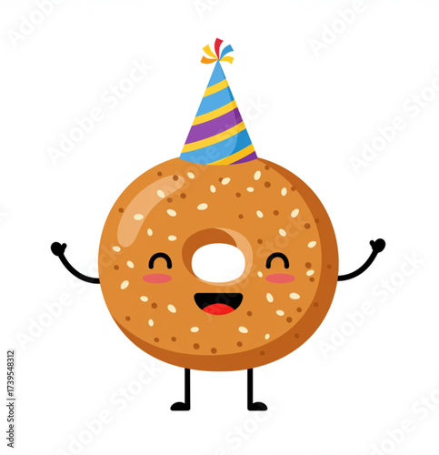 Adorable cartoon bagel character with sesame seeds wearing a striped party hat and celebrating on a white background. Birthday, party, fun.