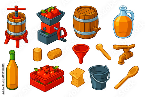 Cider Making Isometric Icons. Isometric vector illustration set Cider Making: apple press, apple grinder, barrel, glass jug, cider
