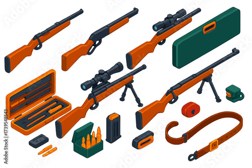 Colorful Hunting Rifle Icons. Isometric vector illustration set Hunting Rifles: bolt-action rifle, lever-action rifle,