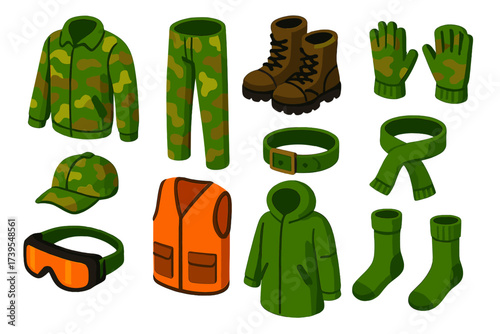 Vibrant Hunter Gear. Isometric vector illustration set Hunter Clothing: camouflage jacket, camouflage pants, boots, gloves, hat,