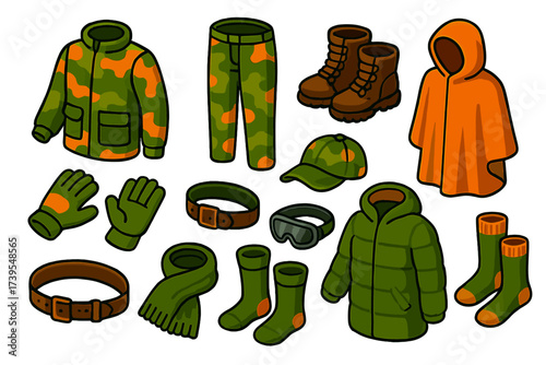 Vibrant Hunter Gear. Isometric vector illustration set Hunter Clothing: camouflage jacket, camouflage pants, boots, gloves, hat,