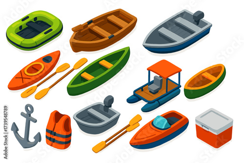 Fishing Boats Collection. Isometric vector illustration set Fishing Boats: inflatable raft, wooden rowboat, aluminum fishing boat,
