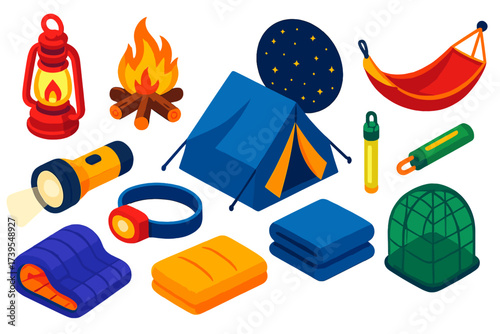 Night Camping Essentials. Isometric vector illustration set Night Camping Items: lantern, campfire, flashlight, headlamp, glow