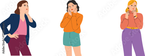 Diverse women pondering solutions with hand-on-face poses, offering a fresh perspective for creative problem-solving and innovative thinking in business contexts