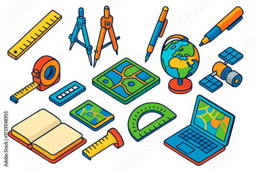 Cartography Tools Icons. Isometric vector illustration set Cartography Tools: ruler, divider, compass drawing tool, drafting pen,