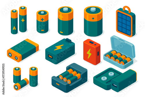 Vivid Battery Icons. Isometric vector illustration set Battery Power Sources: AA battery, AAA battery, C cell, D cell, 9V battery,