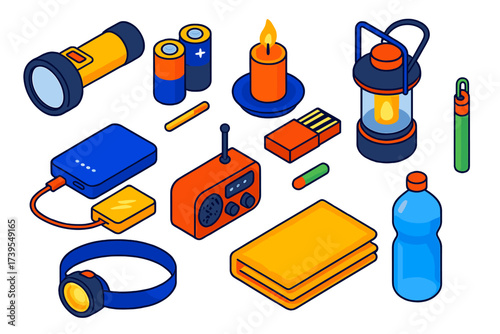 Power Outage Essentials. Isometric vector illustration set Power Outage Kit: flashlight, batteries, candle, matches, lantern,