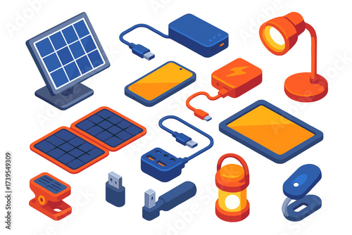 Remote Solar Work Setup. Isometric vector illustration set Remote Work Solar Setup: solar panel, laptop, phone, portable charger,