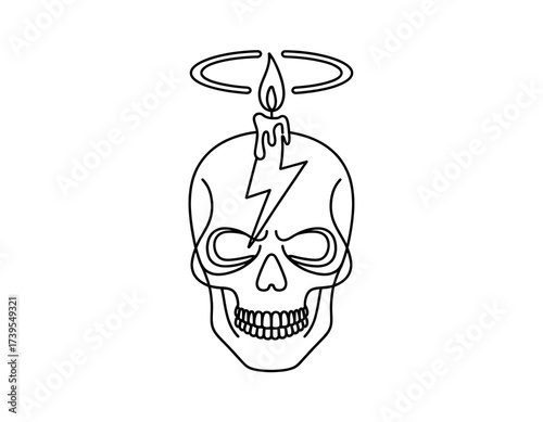 Edgy Skull Line Art with Burning Candle, Electric Lightning Bolt, and Minimalist Aura Illustration