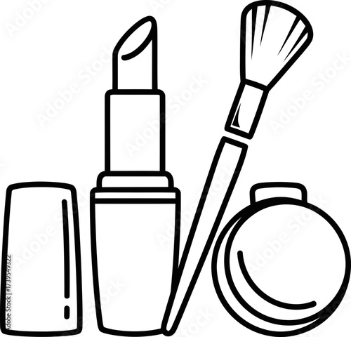 Makeup lipstick, brush, powder compact. Beauty product for woman feminine care. Minimalist line art vector icon