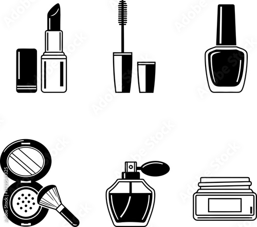 Cosmetics set with lipstick, mascara, nail polish, face powder, perfume, and cream jar. Vector icon collection for beauty product design