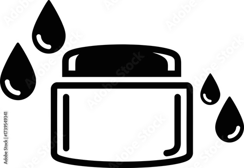 Cosmetic cream jar with falling drops. Moisturizing skincare product with liquid. Beauty and health concept. Outline vector icon