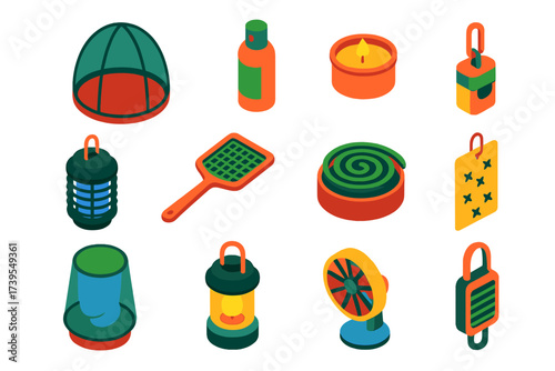 Adventure Anti-Insect Kit. Isometric vector illustration set Adventure Anti-Insect Kit: mosquito net, repellent spray, citronella