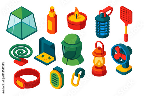 Adventure Anti-Insect Kit. Isometric vector illustration set Adventure Anti-Insect Kit: mosquito net, repellent spray, citronella