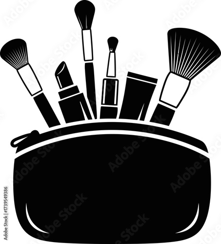 Makeup bag with cosmetic brush, lipstick, mascara, and other beauty tools. Flat style cosmetology or fashion concept. Vector icon for beauty salon