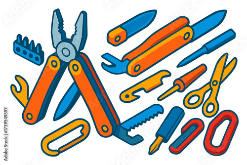 Survival Gear Multi-Tool. Isometric vector illustration set Survival Gear Multi-Tool: pliers, folding blade, screwdriver bits, can