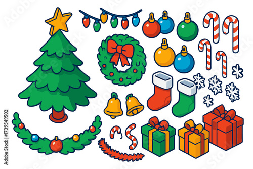 Yuletide Decoration Icons. Isometric vector illustration set Yuletide Decoration Kit: Christmas tree, ornaments, fairy lights,