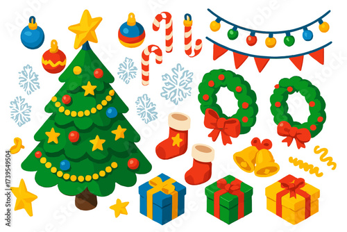 Yuletide Decoration Icons. Isometric vector illustration set Yuletide Decoration Kit: Christmas tree, ornaments, fairy lights,