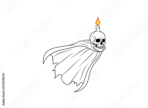 Ethereal Skull with Burning Candle and Dramatic Flowing Cloak Outline Art