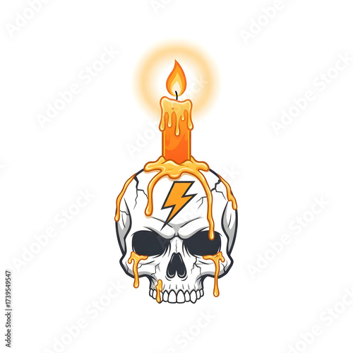 Vibrant Vector Art of a Cracked Skull with a Burning Candle, Dripping Wax, and Electric Lightning Bolt