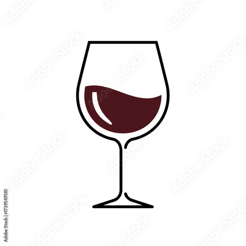 Red wine glass outline with wine inside on white background  